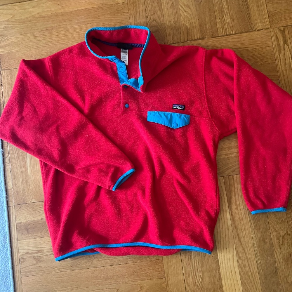 Patagonia Red Fleece Pullover with Blue Accents